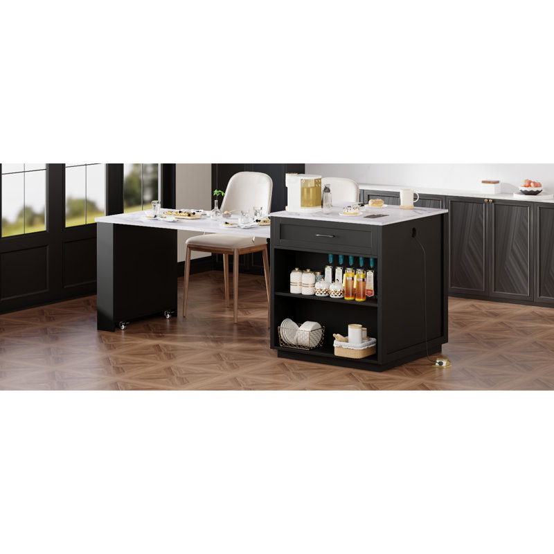 Îlot de cuisine de 82,7 po avec table de salle à manger extensible pour 4 à 6 personnes, table de cuisine en similibable avec rangement double, prise de courant, îlot de cuisine avec rangement 2 tiroirs et 2 tablettes latérales ouvertes, noir, îlot de cuisine