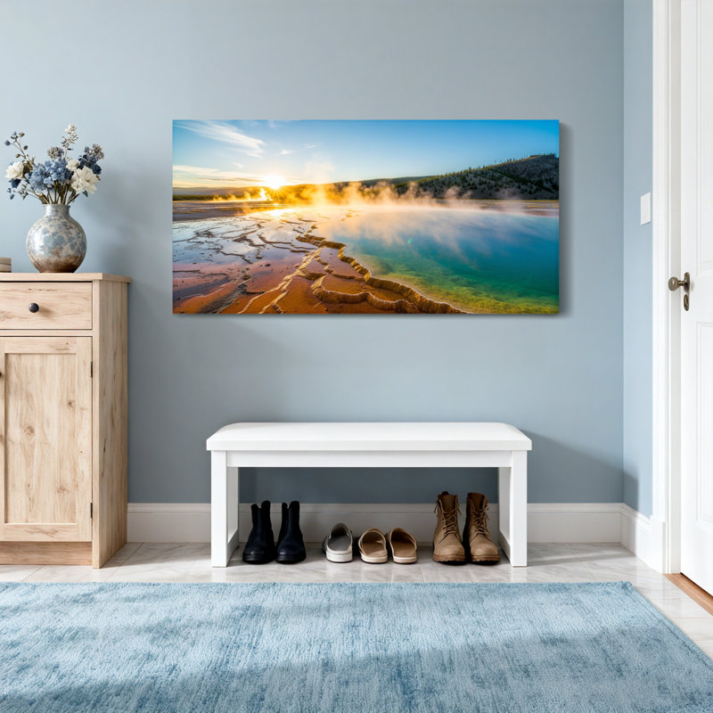 Paysage pittoresque et urbain avec coucher de soleil sur les sources thermales, H 24 po x l 48 po