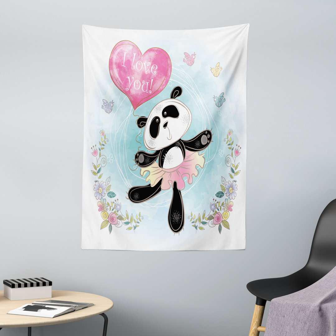 Wandteppich, Herz Ballon Panda, Hellblau Multicolor