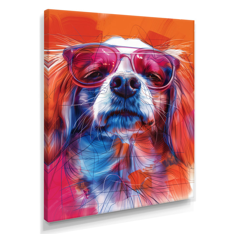 Rose et blanc, lunettes de soleil et Border Collie, Toile tendue, H 34 po x l 44 po x P 1,5 po