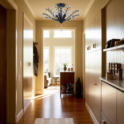 5-arm Crystal Chandelier With Leaf And Flower Motifs E12 Bulb Base Wall Switch Control