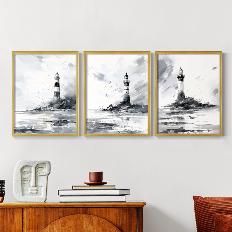 Série Sea and Shore Cxxv -Set de 3 estampes numériques giclées -Prêt à accrocher, Cadre doré, H 28 po x l 22 po