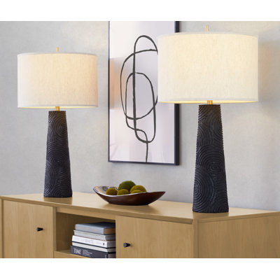 31" Polyresin Table Lamp Matte Black Polyresin, Modern Brass & Natural Linen Shade