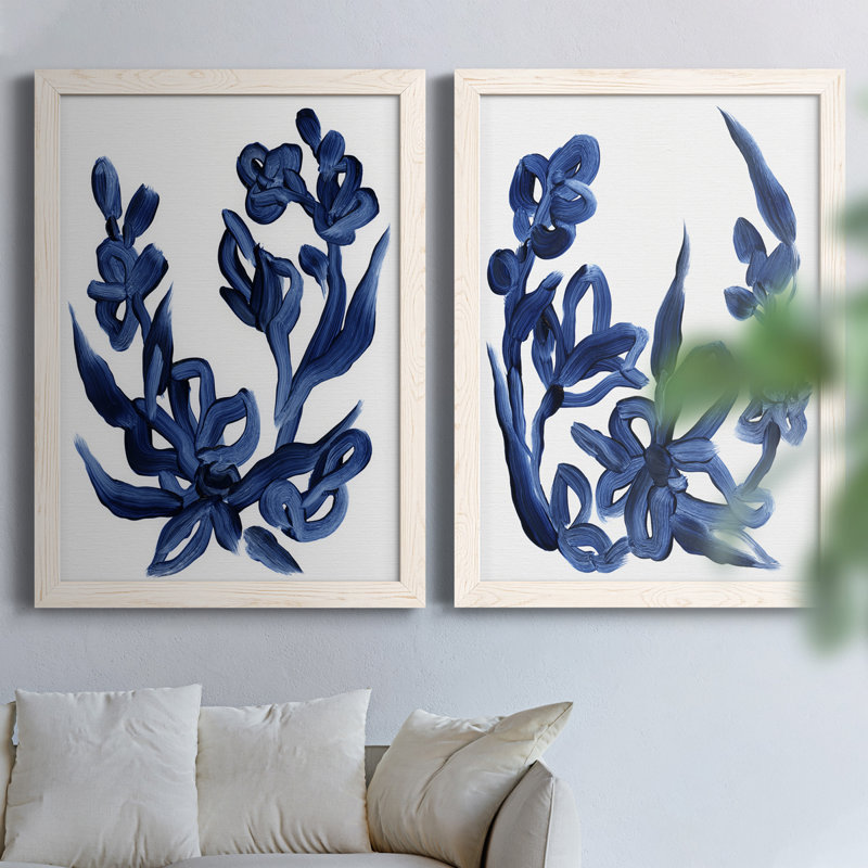 Indigo brossé Blooms I, toile encadrée de qualité supérieure - prête à être accrochée, Toile avec cadre blanc