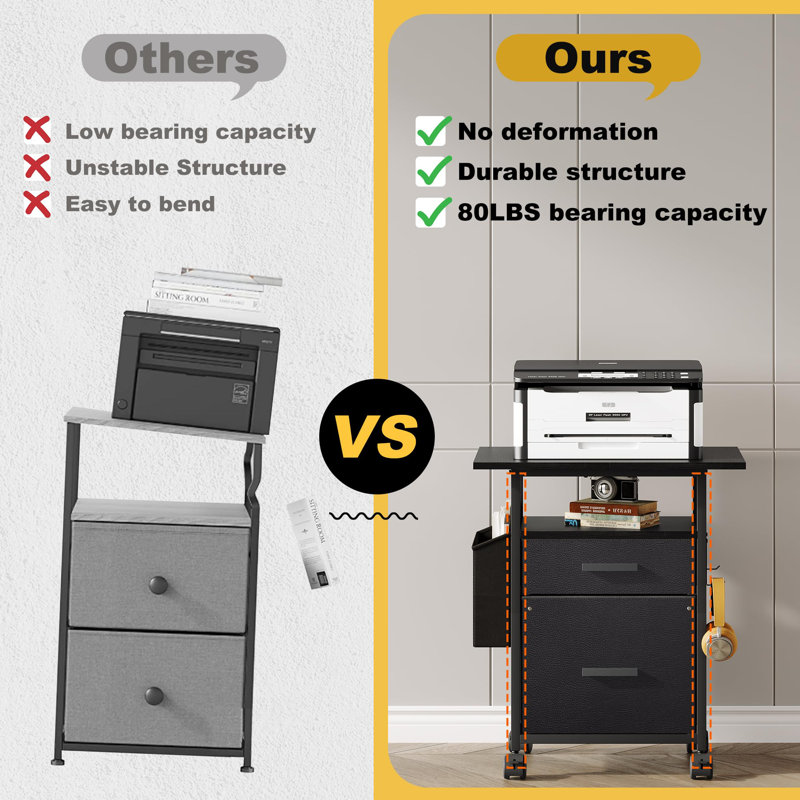 File Cabinet Printer Stand, Fabric Mobile Filing Cabinet With 2 Storage Drawers, For Hanging A4, Letter Size File Folders, Open Shelf