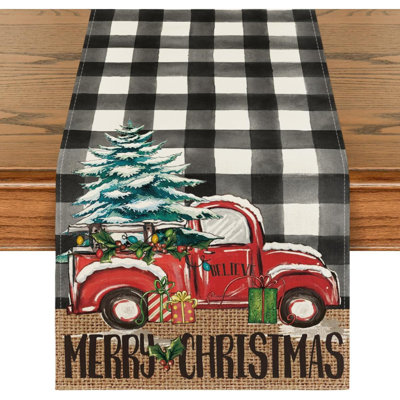 Red And Black Buffalo Plaid Merry Christmas Tree Table Runner, Seasonal Truck Gifts Kitchen Dining Table Decoration For Outdoor Home Party 13X72 Inch