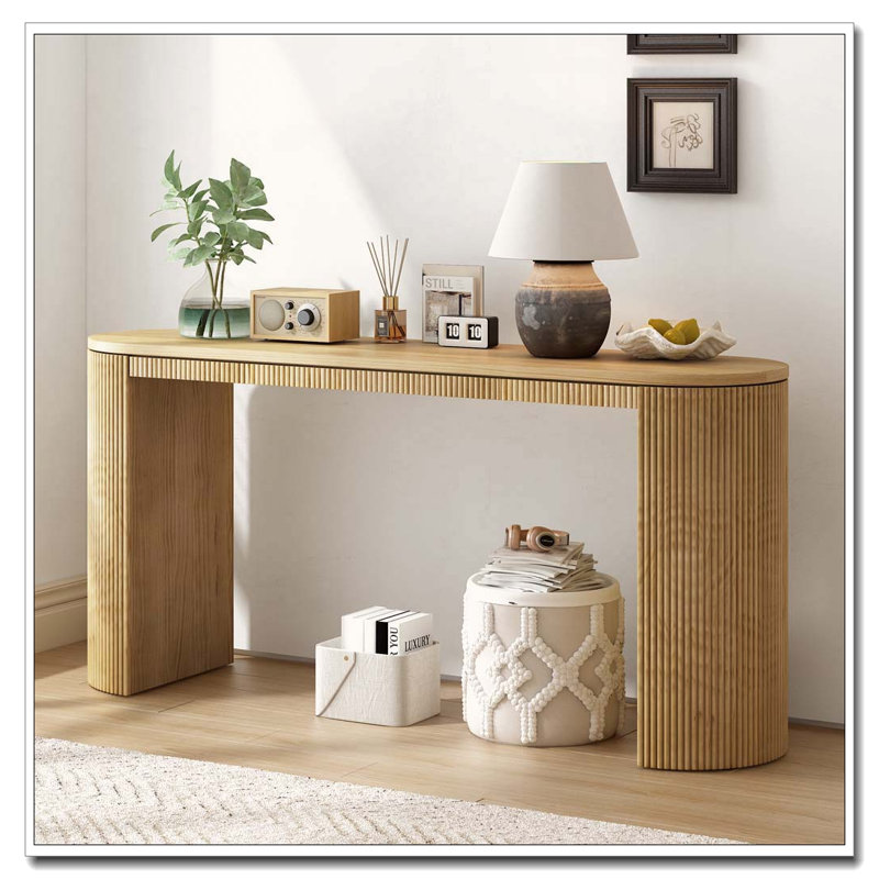 Curved Design Console Table with Unique Vertical Stripe Design, Natural