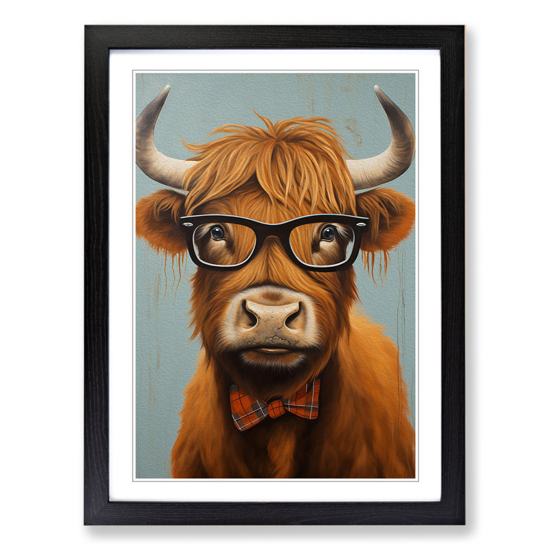 Highland Cow With Glasses Painting Framed Print, 64cm H x 46cm W x 2cm D, Black Framed