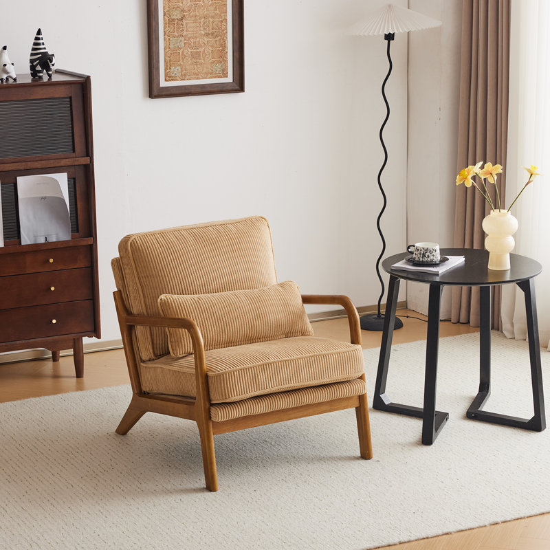 Lemley Mid Century Solid Wood Accent Chair Upholstered Armchair with an Extra Pillow, Khaki Corduroy