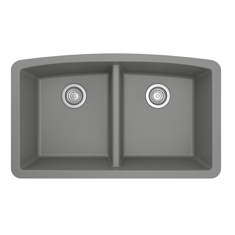 Karran Quartz 32-1/2'' X 19-1/2'' Double Bowl 50/50 Undermount Kitchen Sink Kit, Gray