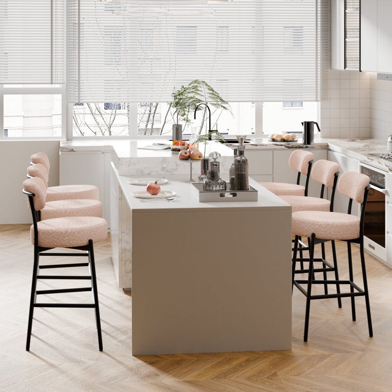 Tabouret de comptoir moderne à dossier courbé et rembourré, 6 Stools, Light Beige