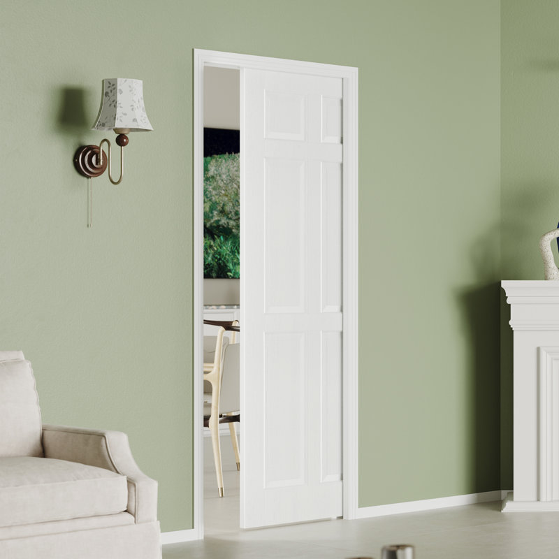 Porte coulissante à fermeture à glissière avec fermeture en douceur - 6 panneaux avec placage en bois Blanc creux et intérieur en panneau de fibres à densité moyenne et porte de garde-manger avec cadre de poche