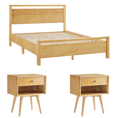 Ensemble de chambre à coucher moderne 3 pièces Bilal, comprenant un grand lit en bois massif et 2 tables de chevet 
