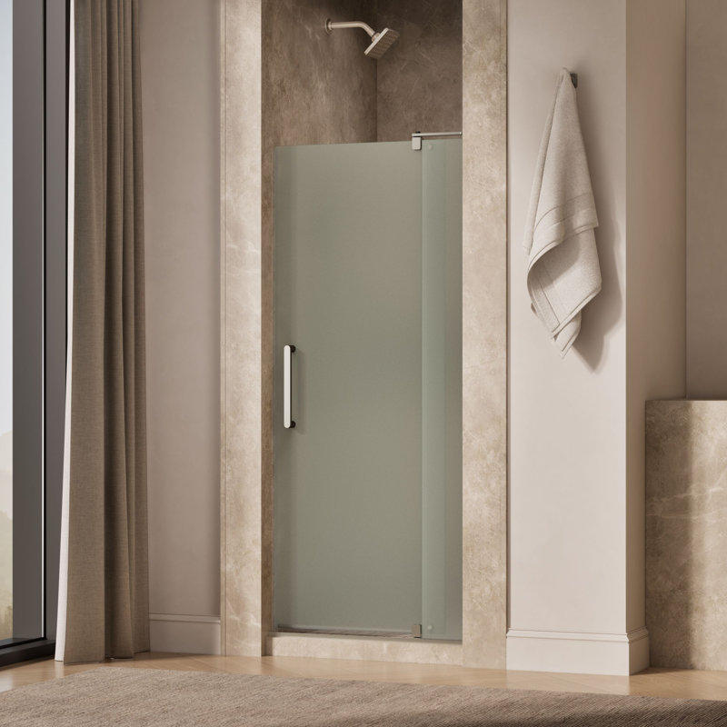 Revel 27.25'' x 70'' Pivot Shower Door with CleanCoat Technology, Anodized Brushed Nickel, Frosted