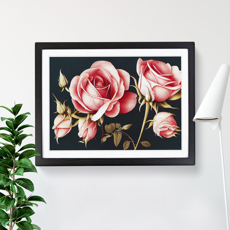 Harmonious Rose Flowers - Single Picture Frame Print, Black, 46cm H x 64cm W x 2cm D