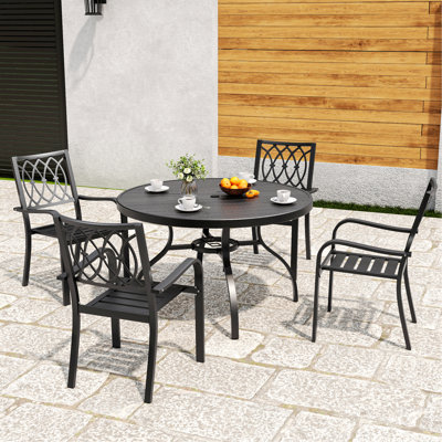 Ensemble de salle à manger d'extérieur 5 pièces, table ronde avec trou pour parasol et 4 chaises en métal