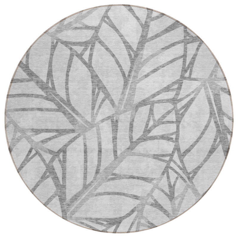Tapis d'intérieur rond lavable floral 8 pi gris et argent