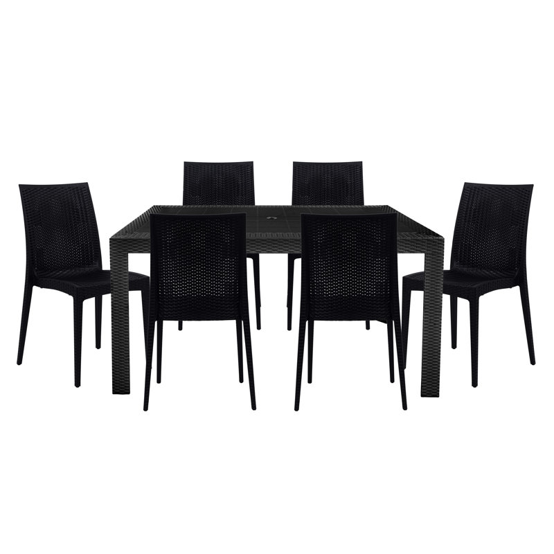 7-Piece Outdoor Dining Set Rectangular Dining Table with Umbrella Hole and 6 Dining Side Chairs, Black, Black