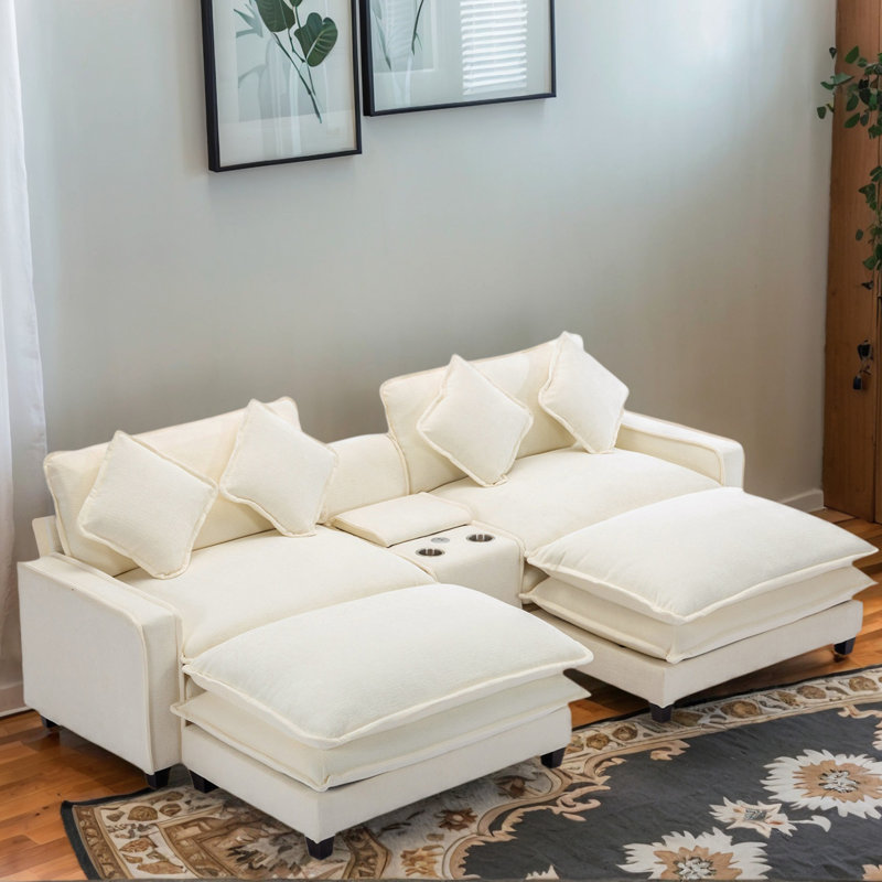 Canapé modulaire modulaire avec 2 repose-pieds, ports USB, porte-gobelets et rangement caché - Canapé en L revêtu de chenille