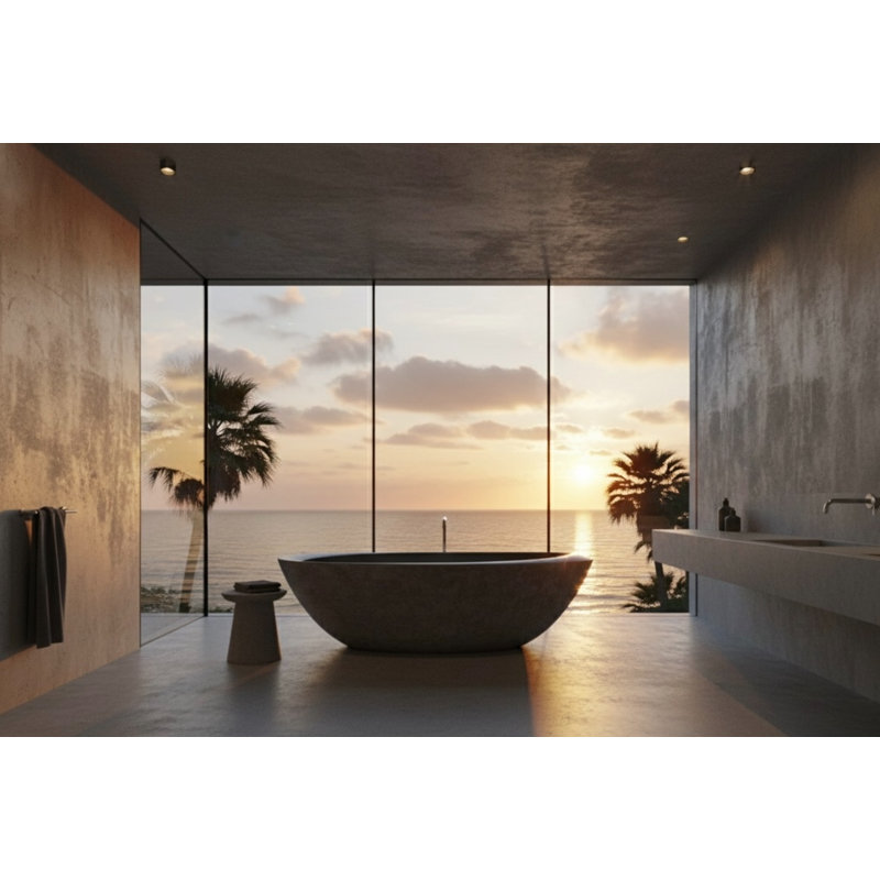 Vast Studio 74.8" x 39.8" Textured Gray Concrete Freestanding Oval Bathtub –  Gray/Gray Interior Deep Soaking  Tub with Metallic Luxury Finish & Contemporary Spa-Inspired Design 