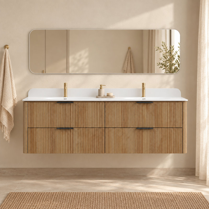 Ensemble meuble-lavabo suspendu en chêne naturel de 152 cm (60 po) avec double lavabo intégré et miroir de salle de bain de 152 cm x 38 cm (60 po x 15 po).