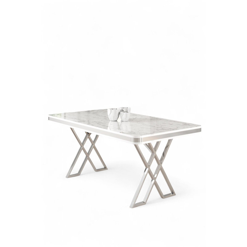 Modern Dining Table with White Marble Finish & Chrome Metal Legs, 51.2 x 29.1 x 31.1 inches | 100% Lacquer Panel for Durability | Elegant & Glam Design Perfect for Contemporary Dining Spaces