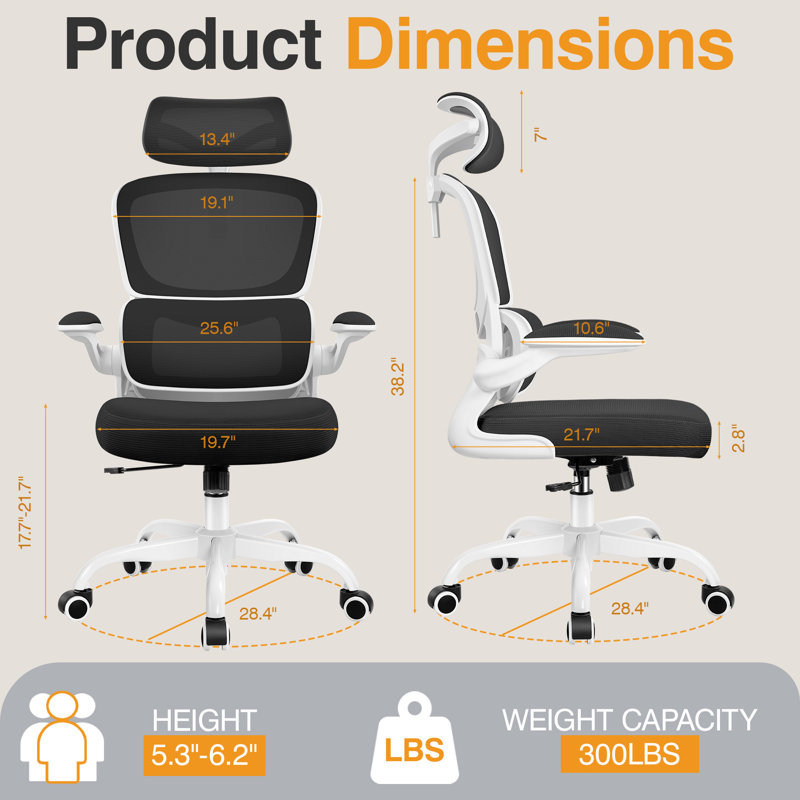 Lidwien Ergonomic Breathable Mesh Office Chair with Adjustable Headrest and Flip-Up Arms, White/Black