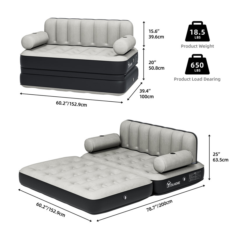 Grand matelas gonflable à pompe intégré, Noir + gris