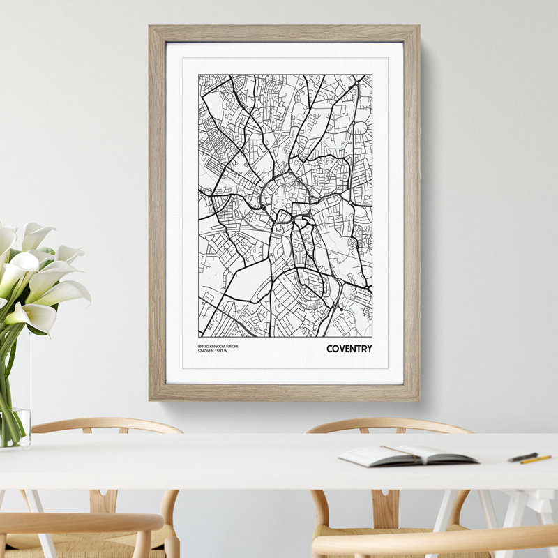 Map Coventry UK - Picture Frame Graphic Art, 48cm H x 36cm W x 2cm D, Oak Framed