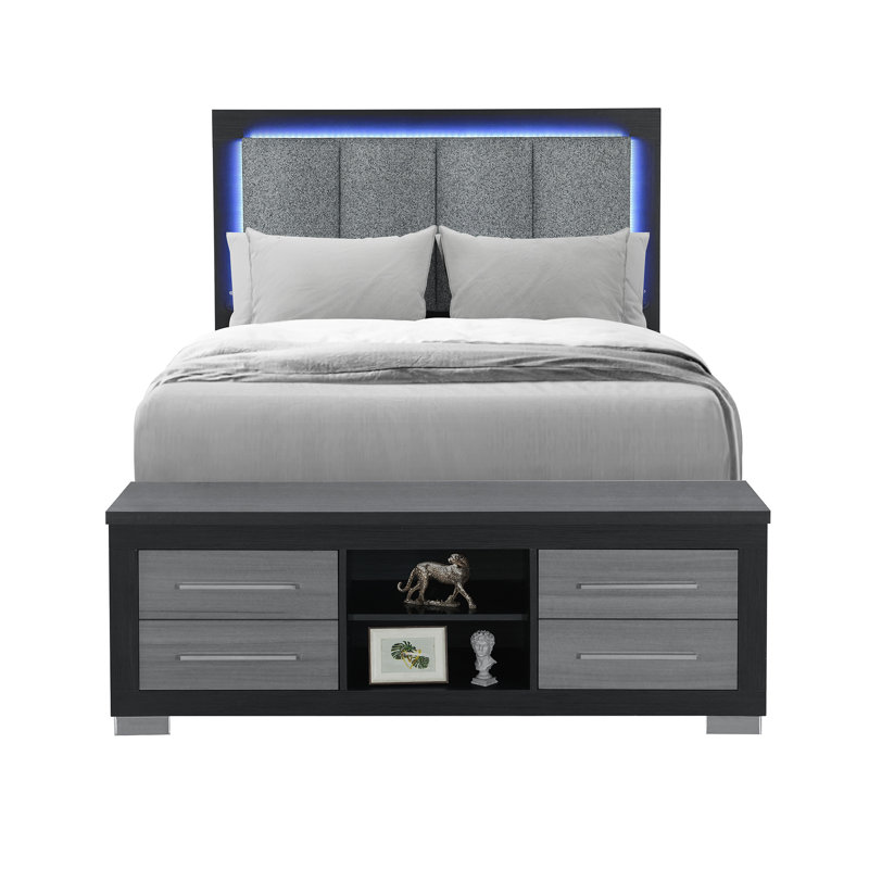 Lit double avec tête de lit partiellement rembourrée, DEL, rangement, bibliothèque, sans sommier, contemporain en noir et gris avec motif à DEL