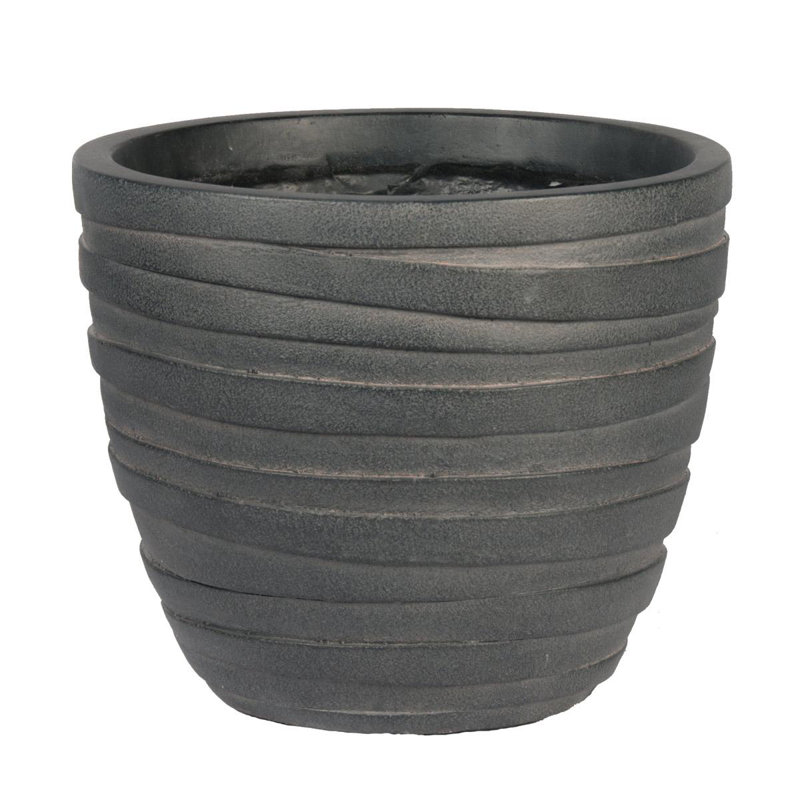 Concrete Effect Round Planter, Frostproof Outdoor Plant Pot with Row Pattern, Round Garden Planter with Drainage Holes