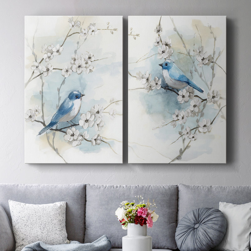 «Blossoms and Bluebird» - Toile tendue avec châssis I-Premium - prête à être accrochée, H 27 po x l 36 po
