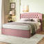 Grand lit rose avec revêtement, boutons en cristal, tête de lit à oreilles et rangement rembourré de grande taille, rangement pour utilisateur, rosé-959575159
