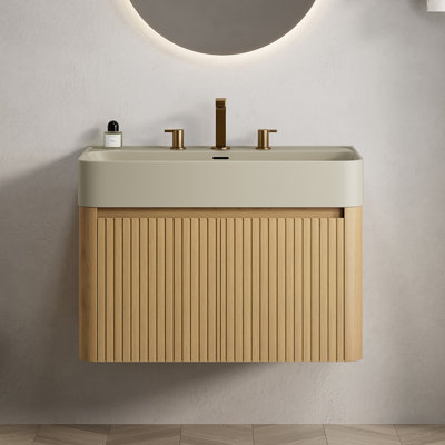 Meuble-lavabo de salle de bain de 76 cm (30 po) avec lavabo intégré, armoire de rangement suspendue et 3 trous prépercés pour robinetterie. Livré démonté, robinetterie et bonde non incluses.