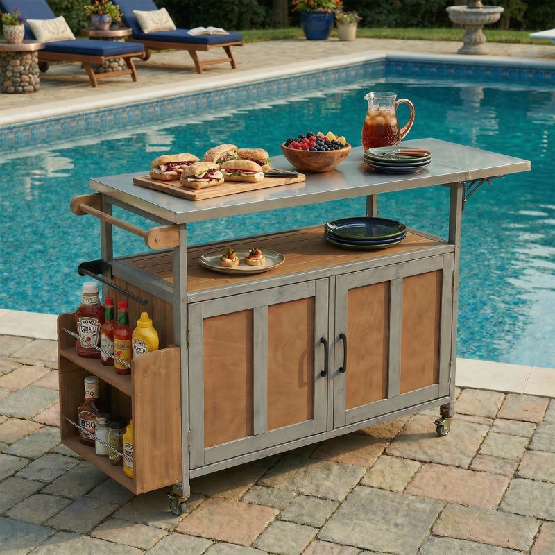 Îlot de cuisine pliable 60,6 po avec plateau en acier inoxydable - Chariot de préparation de barbecue mobile avec armoire de rangement et porte-serviettes - Cadre en bois massif - Noir