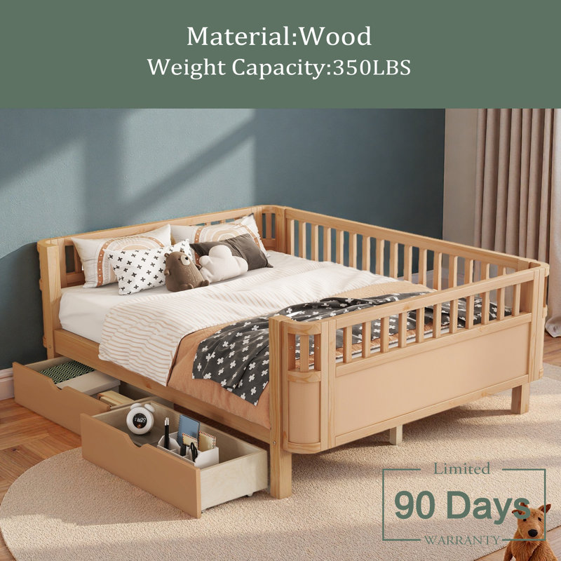 Lit plateforme en bois pour enfants, lit simple en bois à profil bas avec rails pour filles et garçons, Double, Naturel