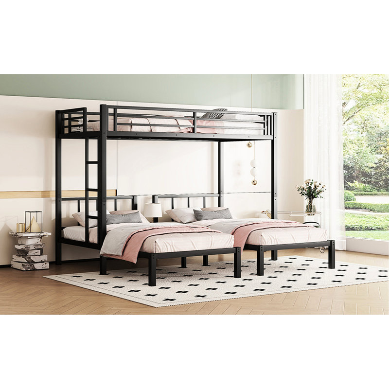 Lit superposé triple en métal noir pour 3 personnes - Simple au-dessus et simple TG, avec barrières de sécurité et lit simple à haut rendement
