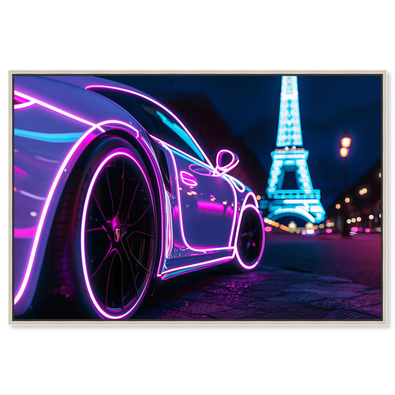 «Neon Eiffel Tower View» par Neon , H 25 po x l 37 po, Cadre flottant argent