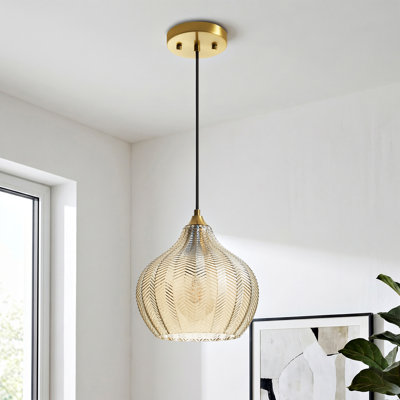 Mercer41 1-Light Black Gold Pendant Light With Amber Teardrop Glass Shade