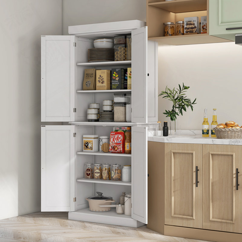 Armoire de rangement pour garde-manger avec 4 portes et tablettes réglables, Blanc