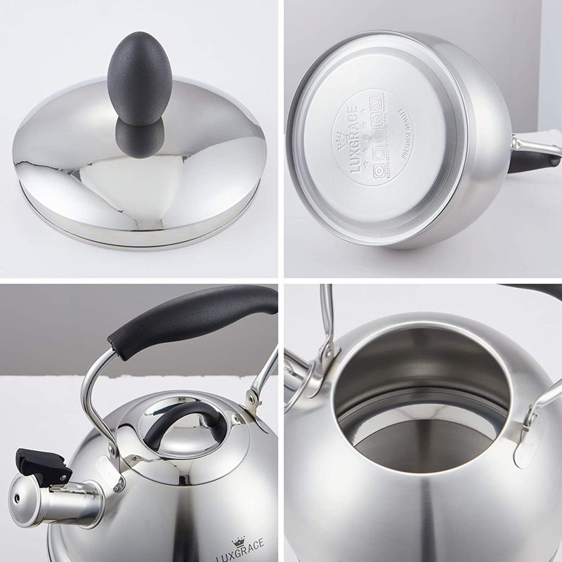 Creative Home 2,6 pte Théière en acier inoxydable avec poignée pliante et fond en aluminium pour une eau bouillante rapide, pour un plateau à induction, finition satinée