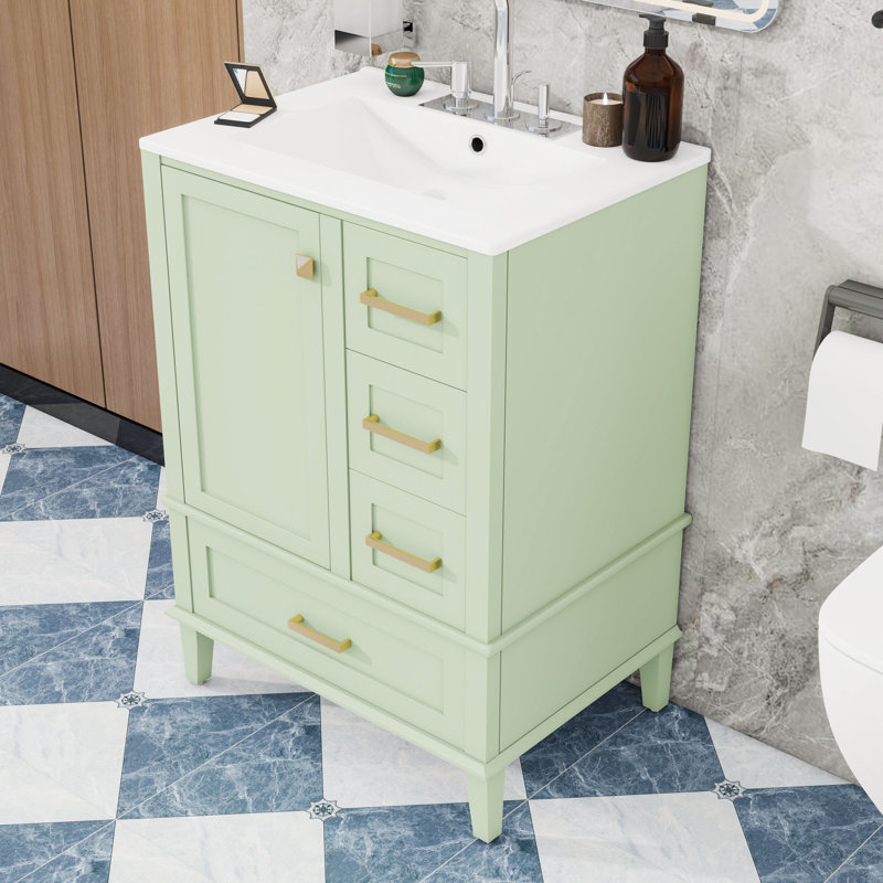 Modern Compact Freestanding Bathroom Vanity with Ceramic Sink, Soft-Close Door and Storage Drawers, Green