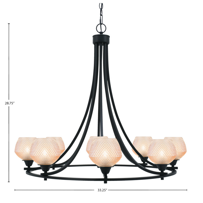 Lustre suspendu 8 lumières Vickery présenté en finition noir mat avec verre texturé ambre de 6 po, 20" H x 23.5" W x 23.5" D