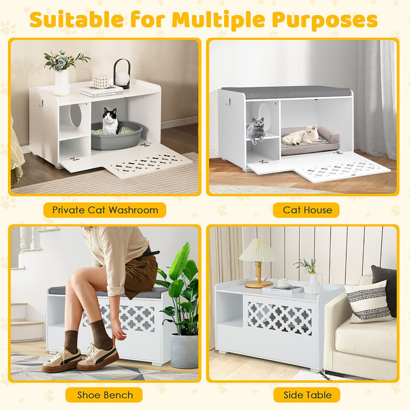 White MDF Cat Litter Box Enclosure with Removable Cushion