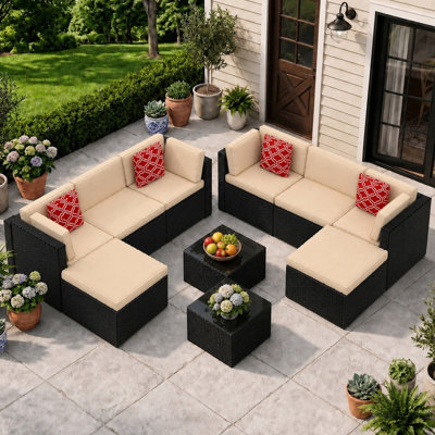 Ensemble de mobilier de patio 10 pièces, canapé d'extérieur en osier avec coussins, repose-pieds et table en verre, ensemble de conversation modulaire en rotin PE toutes saisons pour porche de jardin, beige