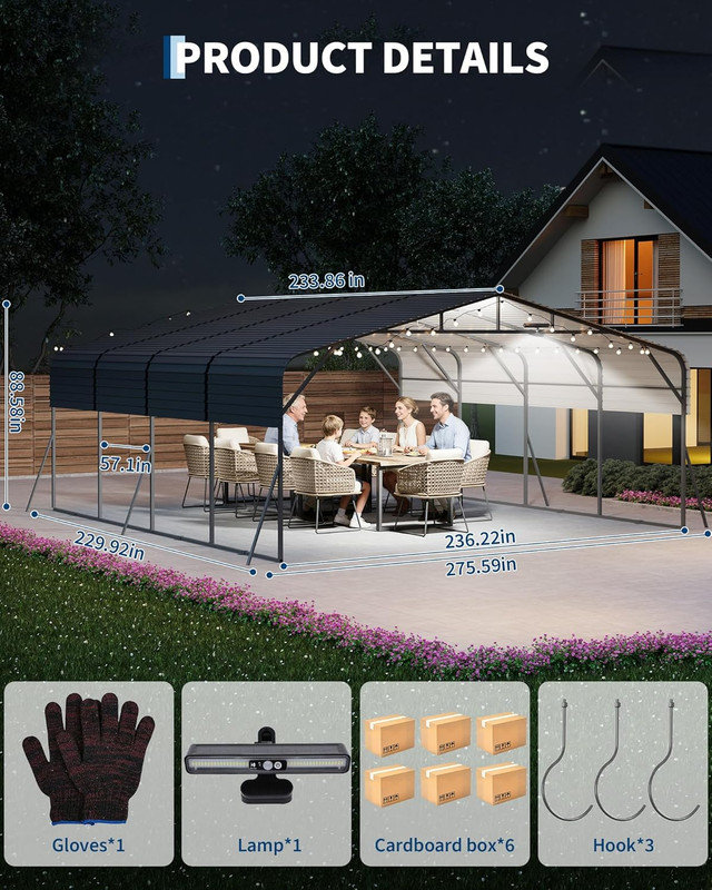 20x20 FT Heavy Duty Metal Carport for 2 Cars, Galvanized Steel Roof, Reinforced Base, LED Light, Outdoor Portable Garage for Boats, Full-Sized Pickup Trucks
