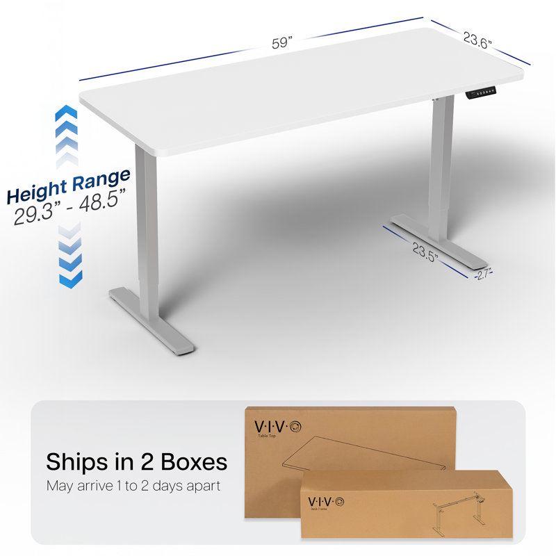 VIVO Single Motor Electric Desk with Push Button Memory Controller, 48.5" H x 60" W x 24" D, White/Gray