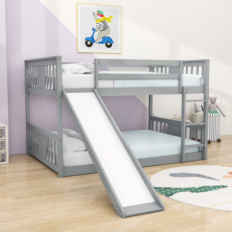 Fanshuai Full Over Full Wood Bunk Bed,Bunk Bed with Ladder and Slide, Gray