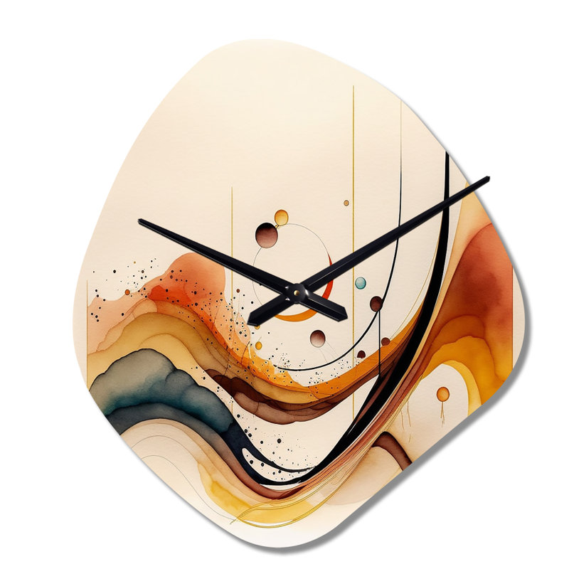 «Burnt Orange Waves Abstract V - Minimalisme», forme unique en métal horloge murale, horloge murale asymétrique moderne