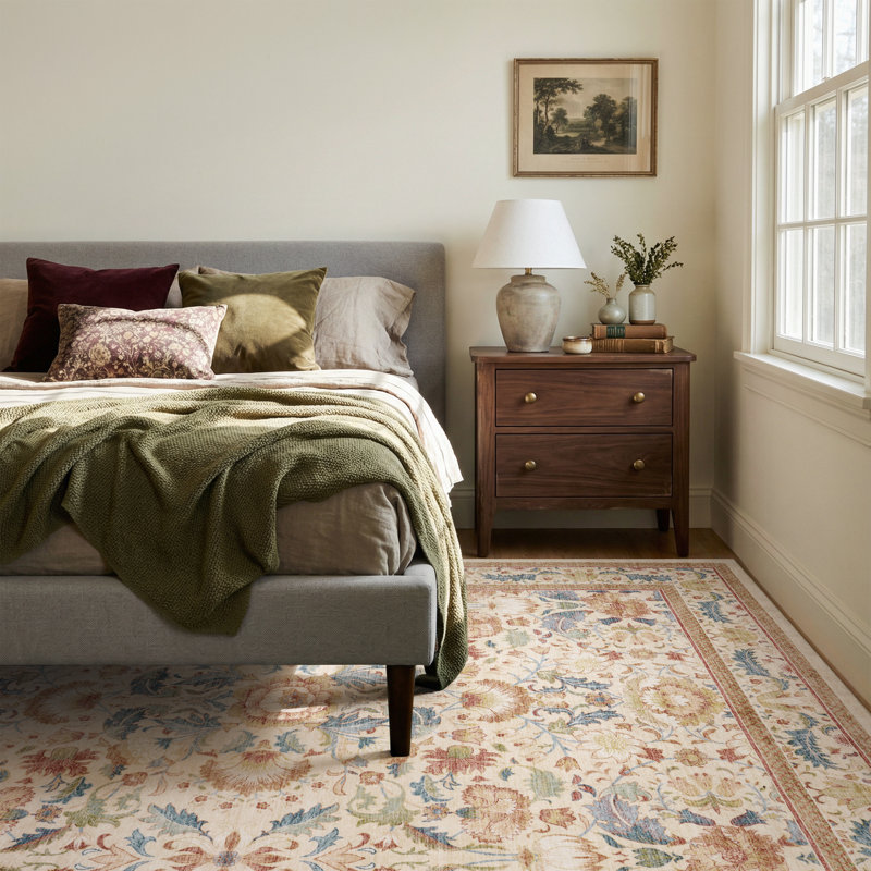 Soft Washable Non-Slip Vintage Floral Area Rug For Living Room And Bedroom In Warm Beige, Rectangle 9' x 12'